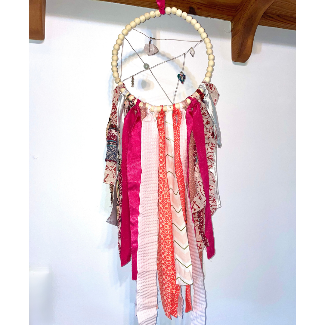 Magenta and Pink Dreamcatcher with Rose Quartz Crystal: Beaded Wooden Hoop, Recycled Fabric Scraps