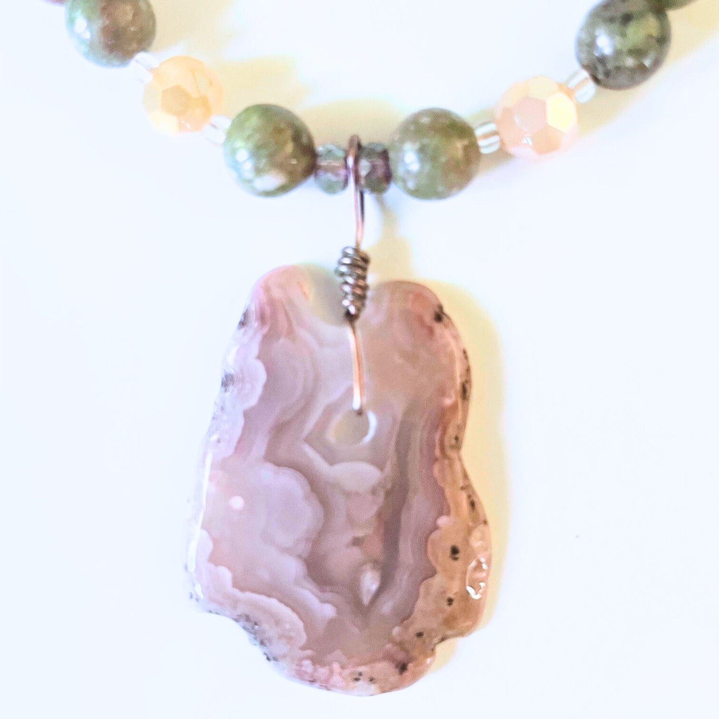 Unakite Beaded Necklace with Pink Agate Pendant