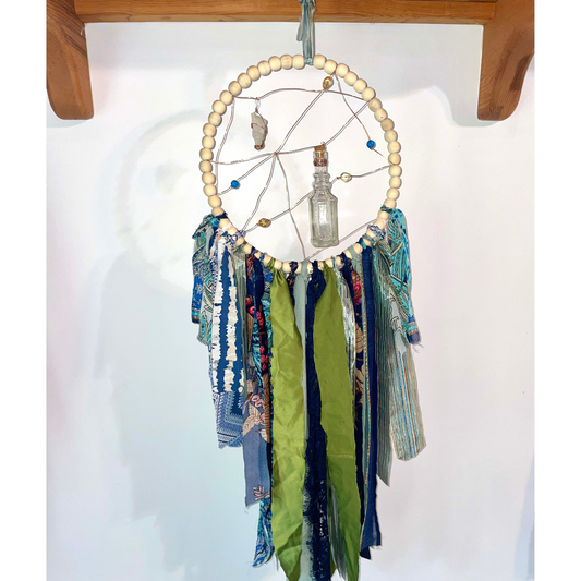 Boho Daydreamcatcher: Real Quartz, Wooden Bead Hoop, Blue, Green, Violet Hues