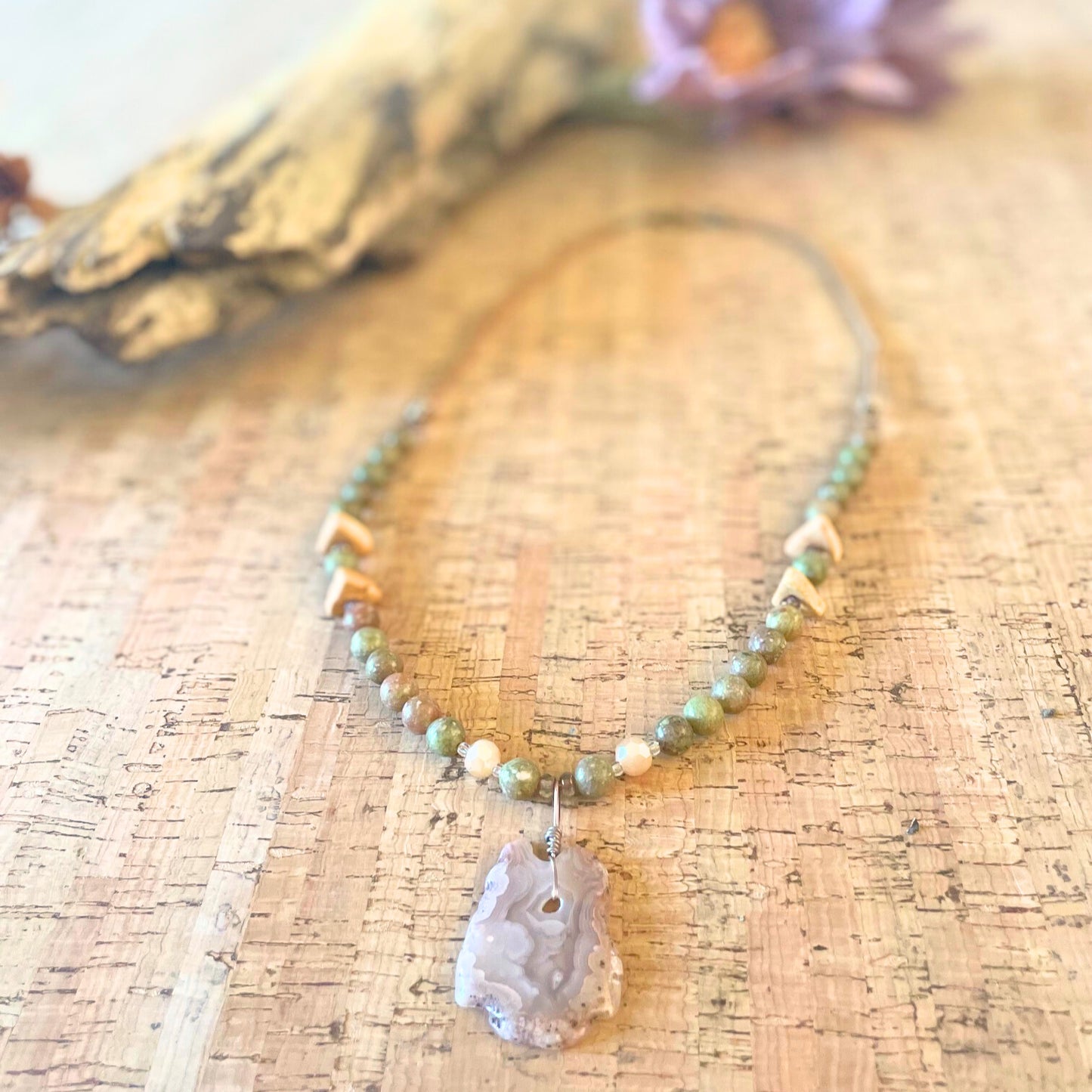 Unakite Beaded Necklace with Pink Agate Pendant