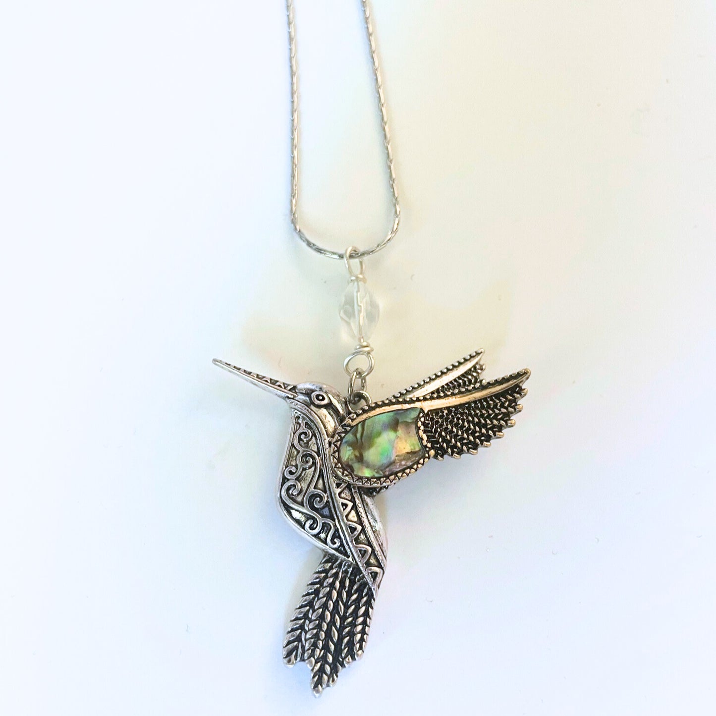 Silver Hummingbird Necklace with Abalone Shell