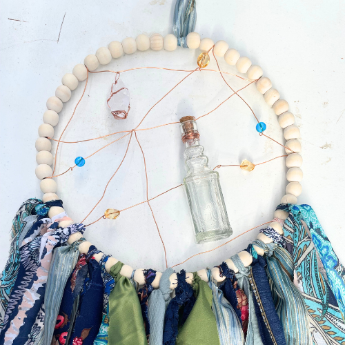 Boho Daydreamcatcher: Real Quartz, Wooden Bead Hoop, Blue, Green, Violet Hues