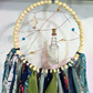 Boho Daydreamcatcher: Real Quartz, Wooden Bead Hoop, Blue, Green, Violet Hues