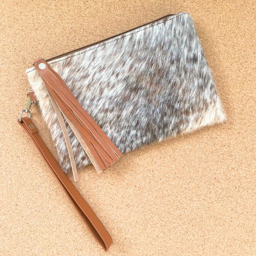 Brown and White Blend Fur Cowhide Wristlet Clutch with Tassle,