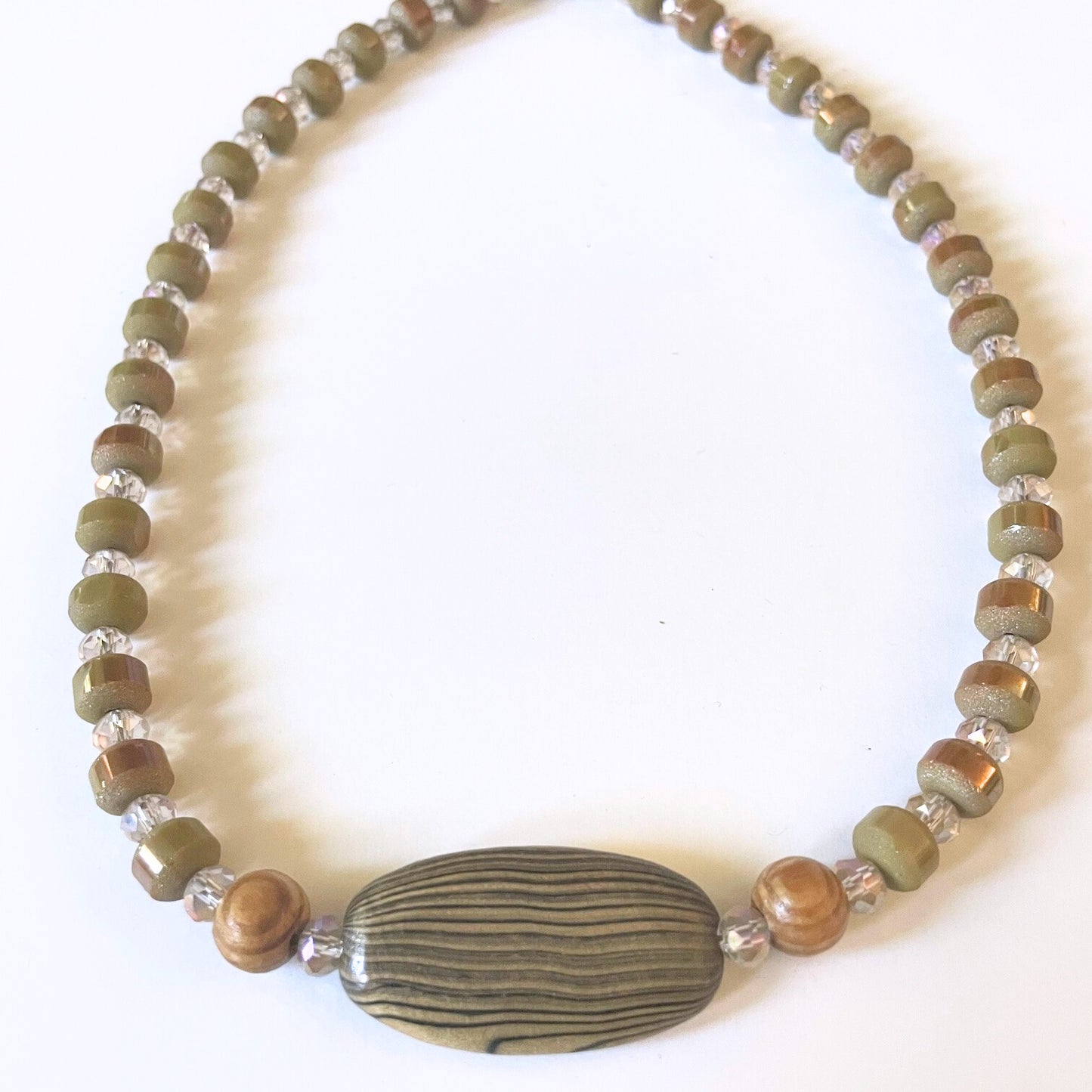 Earth Tone Wood and Rhinestone Beaded Necklace