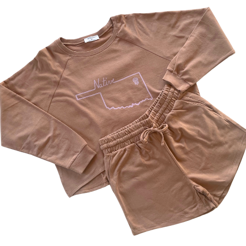 Native Tulsa Oklahoma French Terry Long Sleeve Tee Camel Color