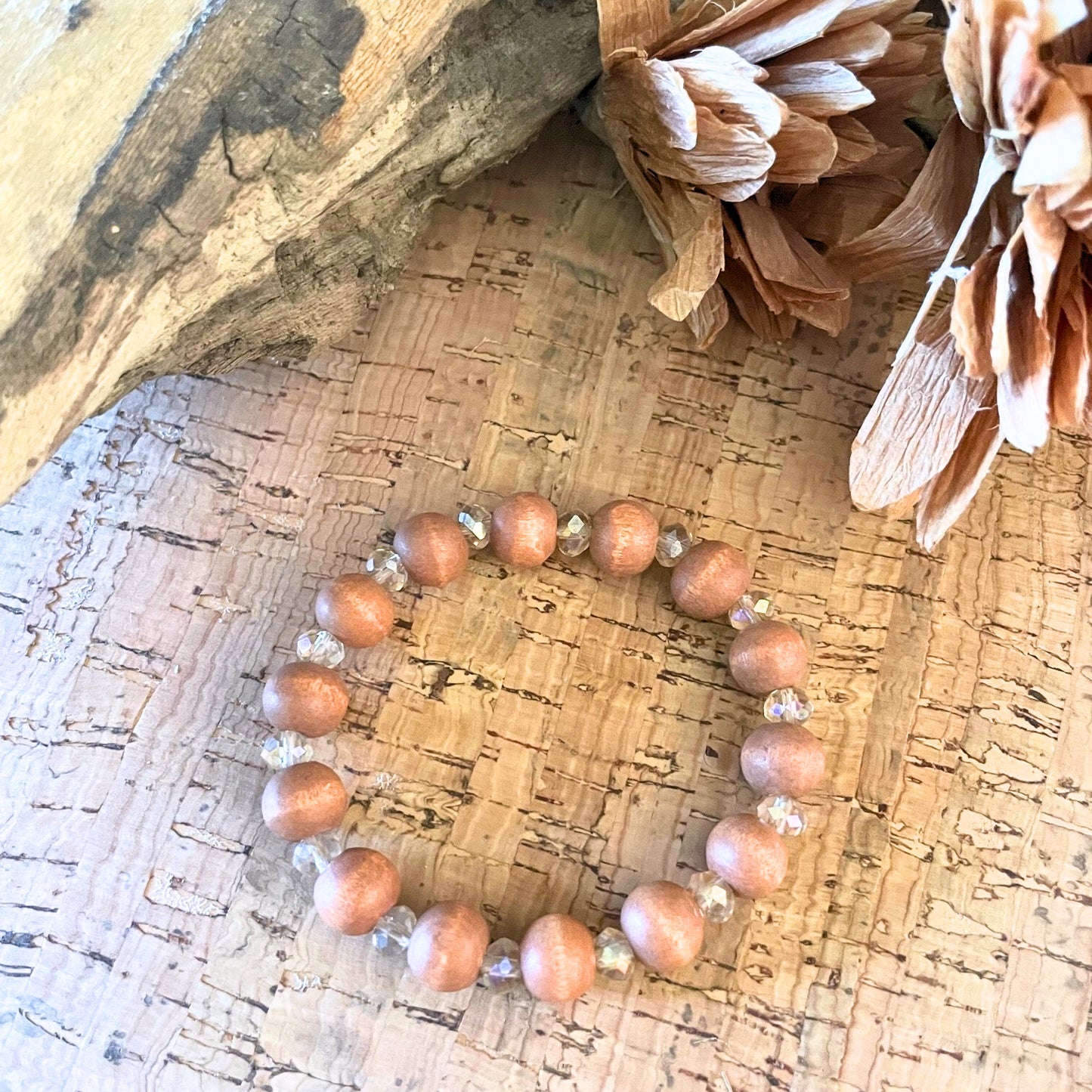 Wooden Bead and Sparkly Rhinestone Stretchy Bracelet