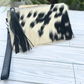 Black and White Cowhide Wristlet Clutch with Leather Tassle