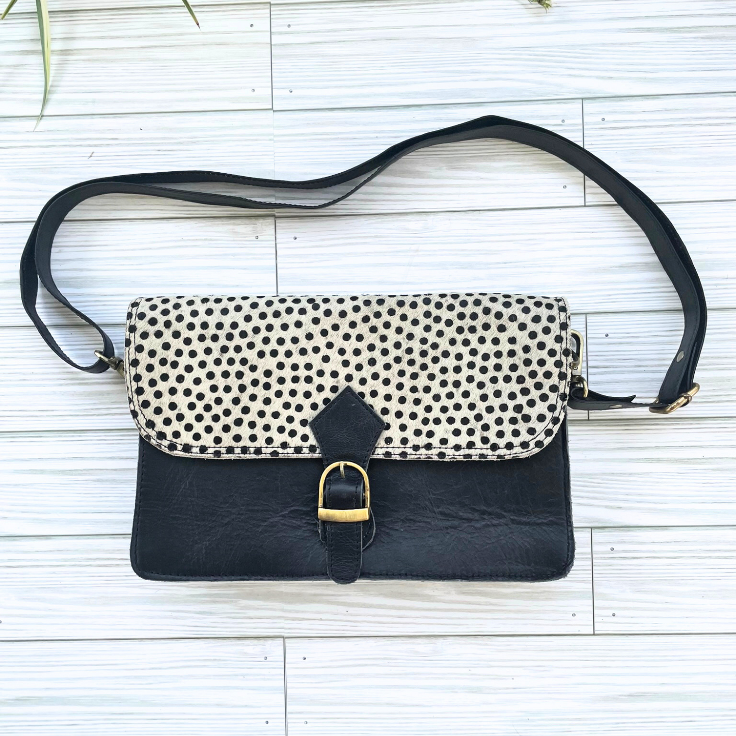 Black Leather Crossbody with Polka Dot Fur Foldover, Buckle Closure, Interchangeable Strap