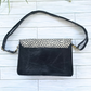 Black Leather Crossbody with Polka Dot Fur Foldover, Buckle Closure, Interchangeable Strap