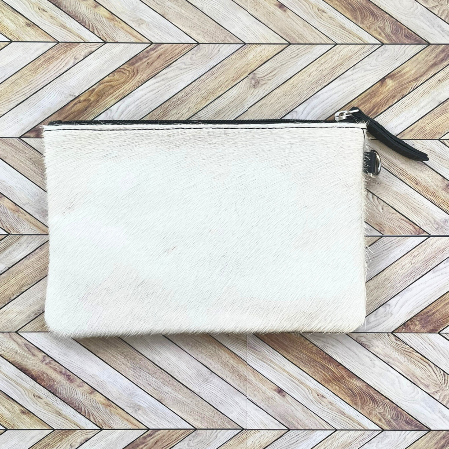 White Cowhide Zipper Clutch with Black Leather Accent, Tooled Design