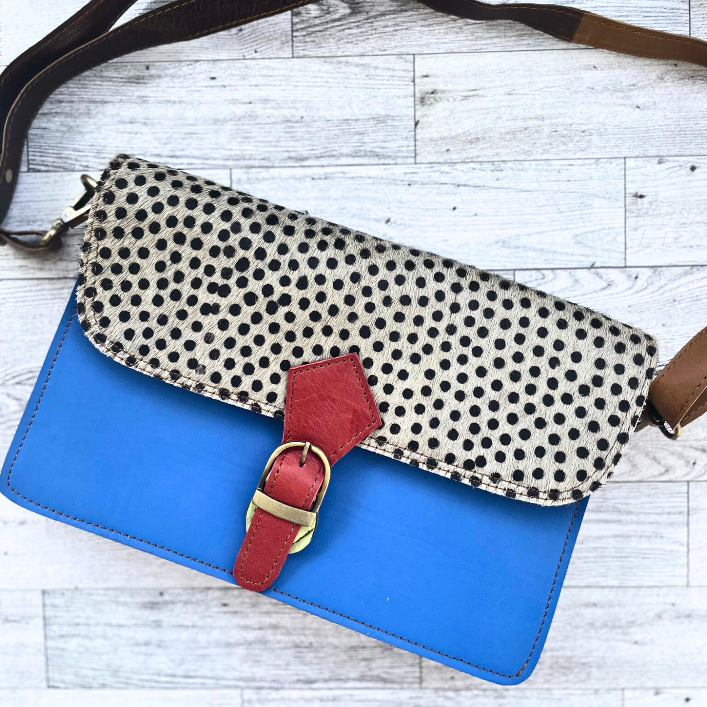 Blue Leather Purse with Polka Dot Fur Foldover and Red Buckle