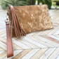 Brown and White Fur Cowhide Wristlet Clutch with Tassle