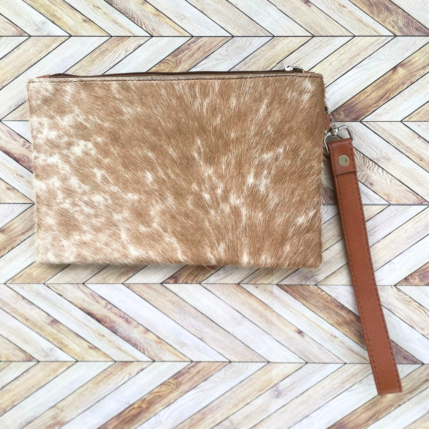 Brown and White Fur Cowhide Wristlet Clutch with Tassle