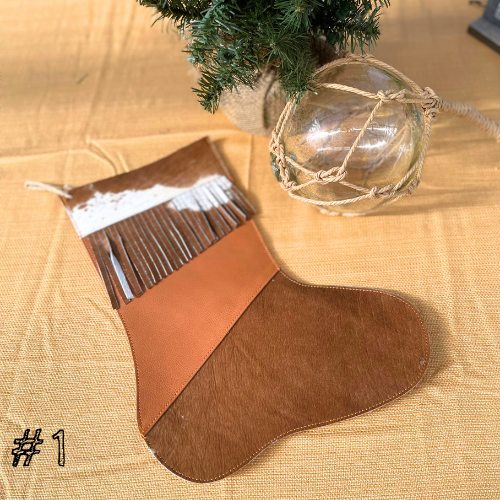 Brown Leather and Cowhide Christmas Stocking with Cowhide Fringe