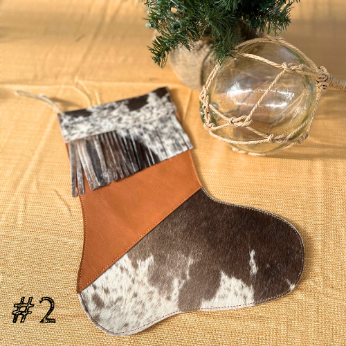 Brown Leather and Cowhide Christmas Stocking with Cowhide Fringe