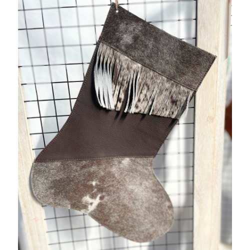 Brown Leather and Cowhide Christmas Stocking with Cowhide Fringe