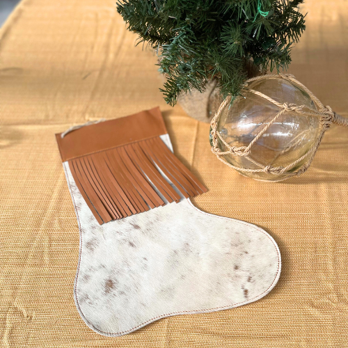 White with Brown Spots Cowhide Christmas Stocking with Brown Leather Fringe