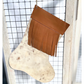 White with Brown Spots Cowhide Christmas Stocking with Brown Leather Fringe