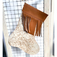 White with Brown Spots Cowhide Christmas Stocking with Brown Leather Fringe