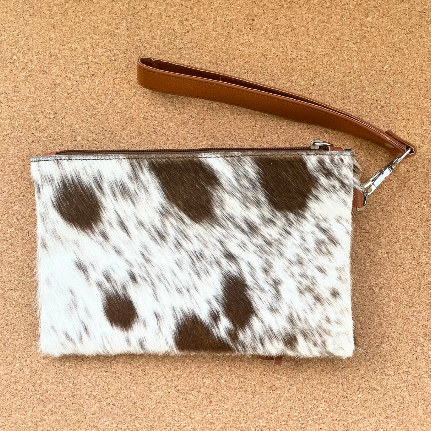 Light Brown and White Fur Cowhide Wristlet Clutch with Tassle,