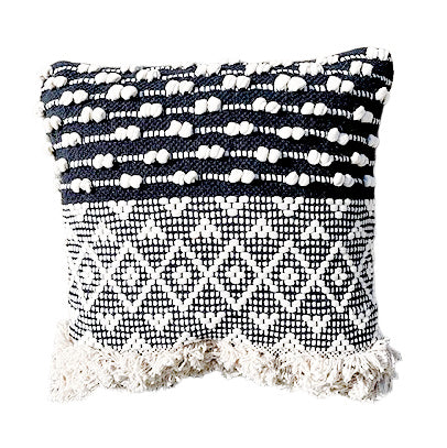 Black and Cream Geometric Designed Down Pillow with Fringe