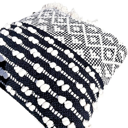 Black and Cream Geometric Designed Down Pillow with Fringe