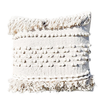 Casual Cream Colored Boho Accent Pillow with Fringe