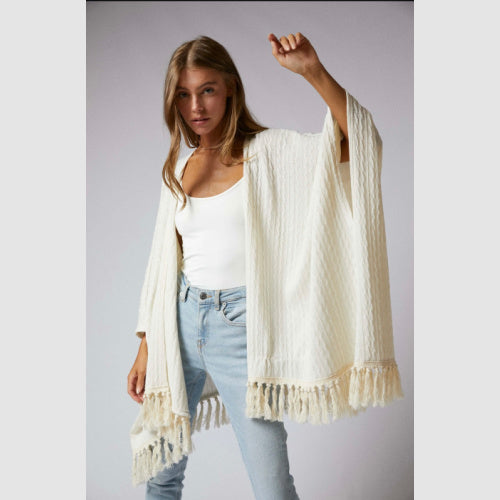 Ivory Fringed Cardigan, 3/4" sleeve