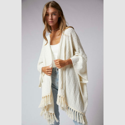 Ivory Fringed Cardigan, 3/4" sleeve