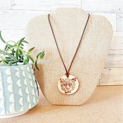 Wooden Leopard Medallion Leather Necklace