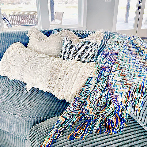 Black and Cream Geometric Designed Down Pillow with Fringe